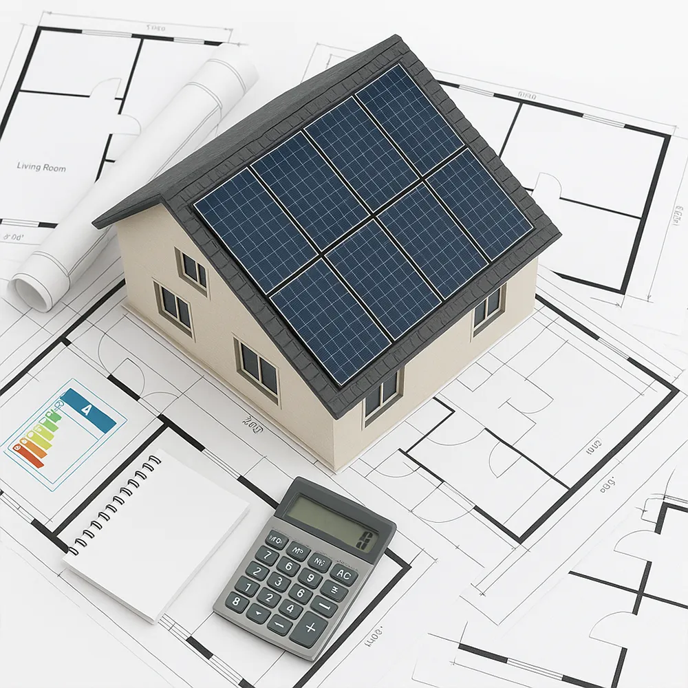 Rooftop view showing available space for solar panels, with a sketch of how panels would fit